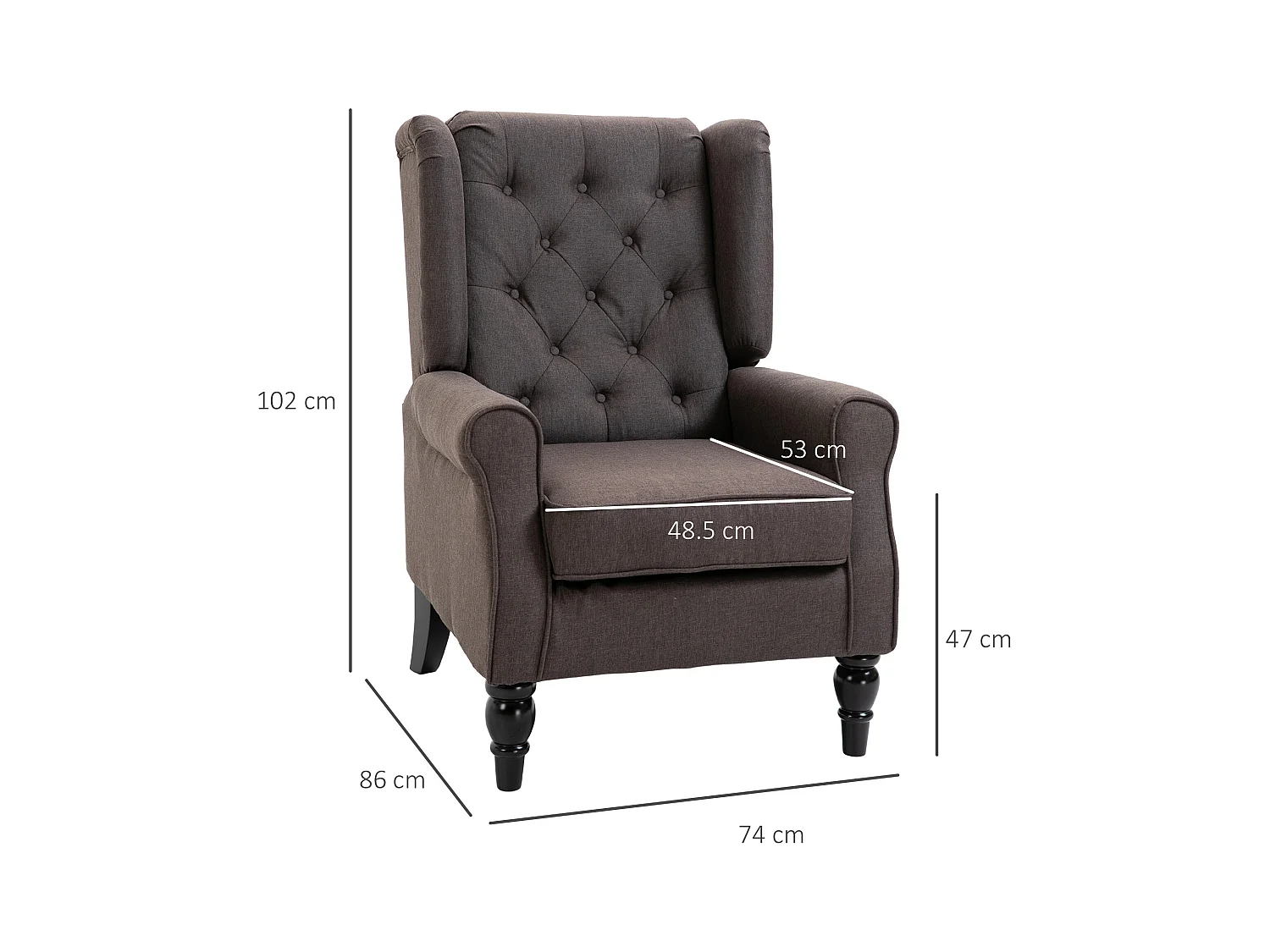 Poltrona per salotto stile francese con cuscini 74x86x102 cm marrone