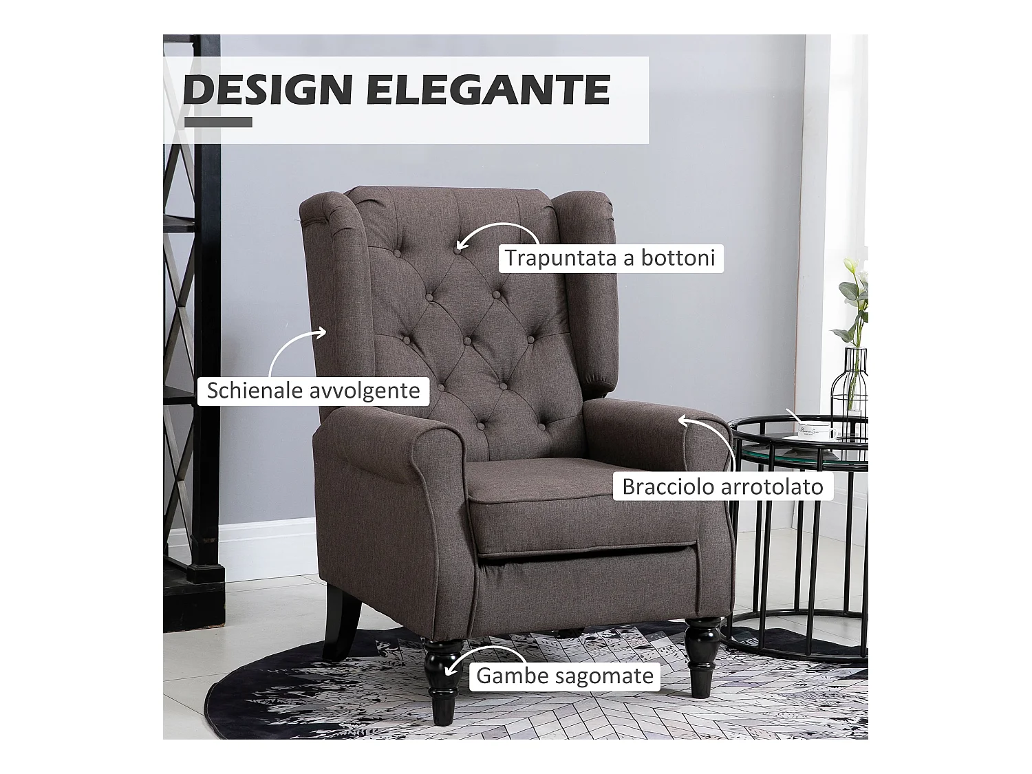 Poltrona per salotto stile francese con cuscini 74x86x102 cm marrone