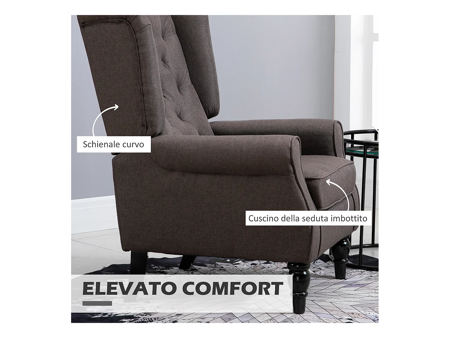 Poltrona per salotto stile francese con cuscini 74x86x102 cm marrone