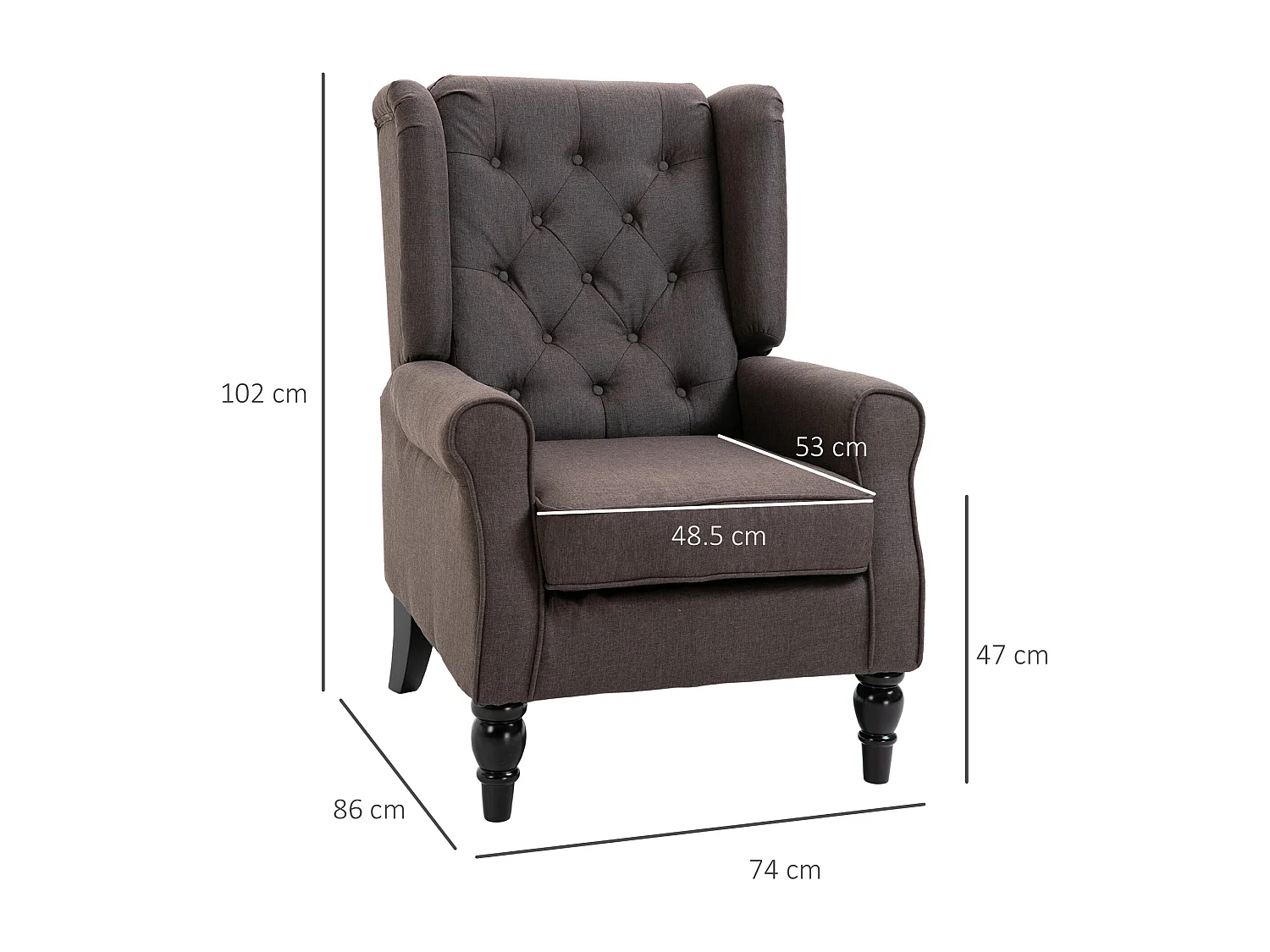 Poltrona per salotto stile francese con cuscini 74x86x102 cm marrone