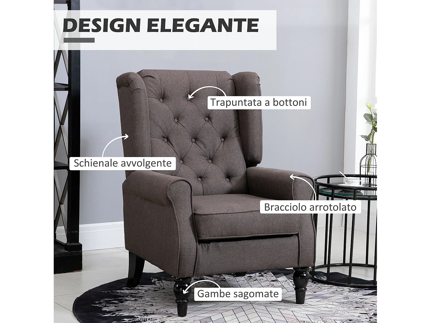 Poltrona per salotto stile francese con cuscini 74x86x102 cm marrone