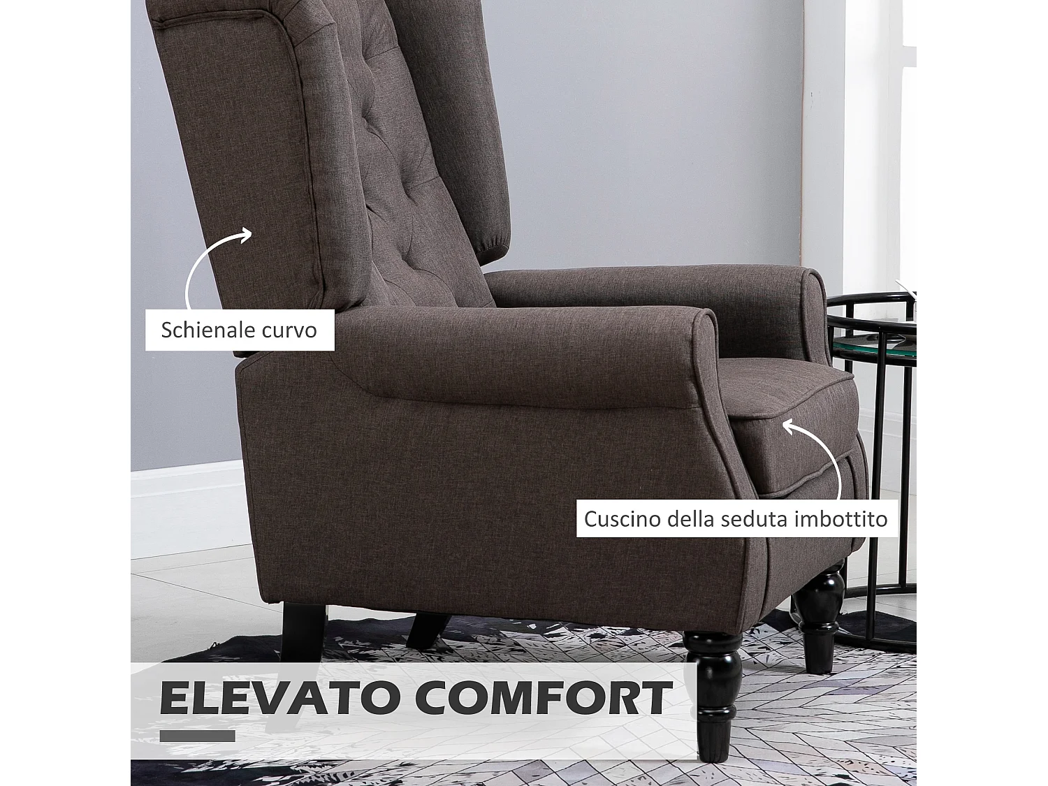 Poltrona per salotto stile francese con cuscini 74x86x102 cm marrone