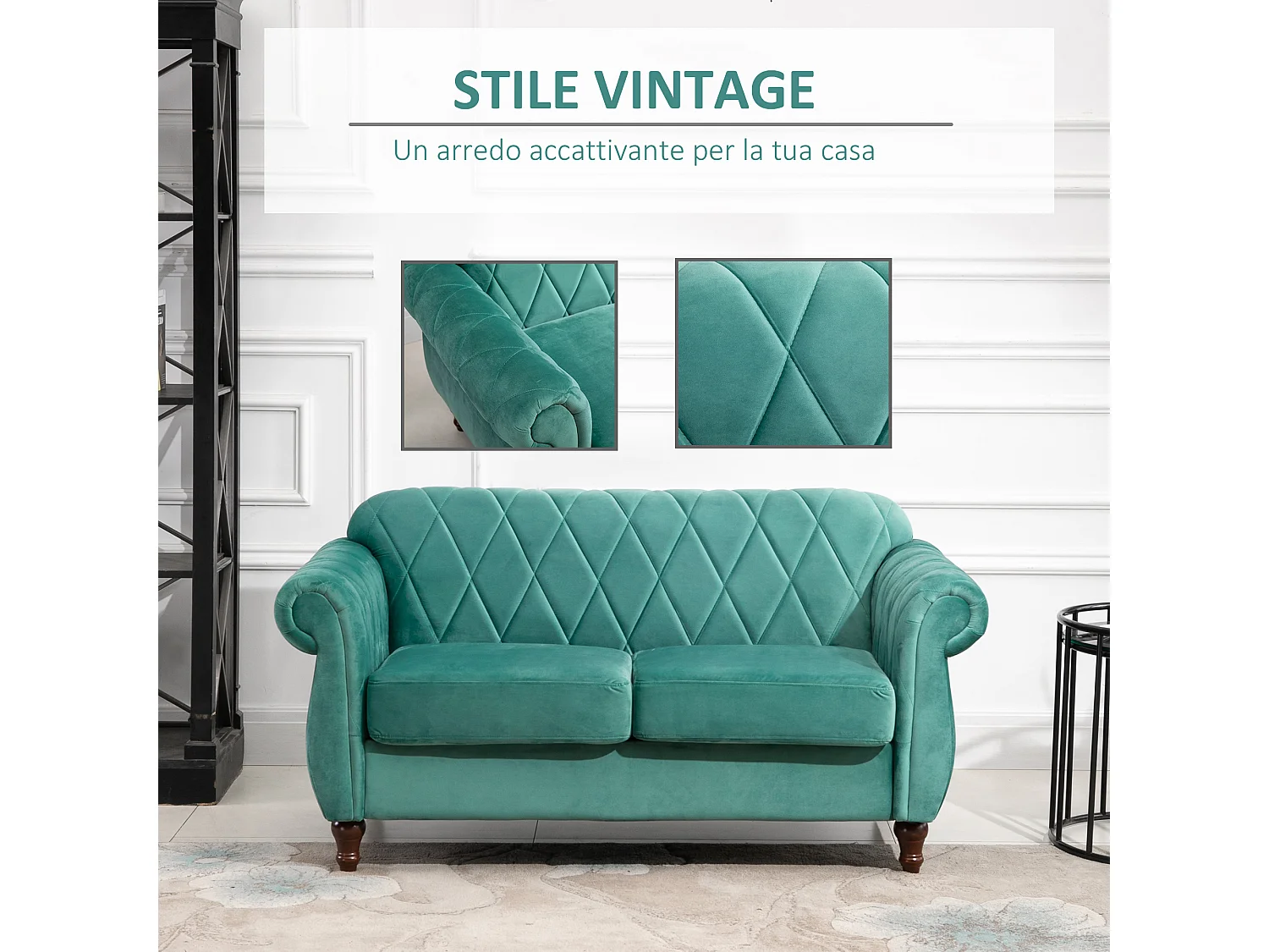 Divano 2 posti in legno e velluto spessa imbottitura verde