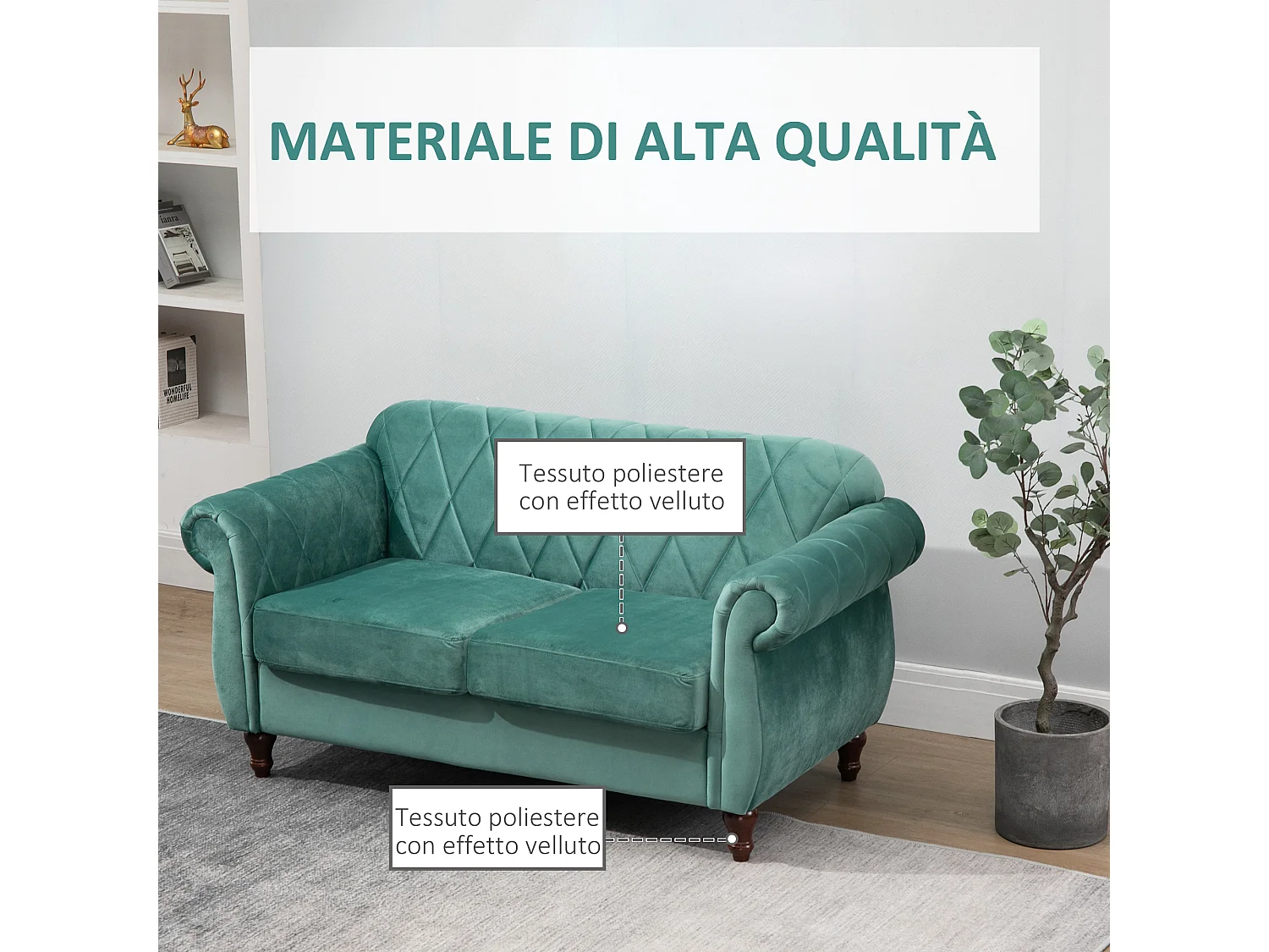 Divano 2 posti in legno e velluto spessa imbottitura verde