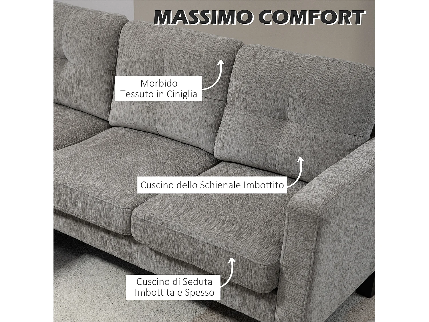 Divano angolare 3 posti tessuto effetto ciniglia con cuscini tortora