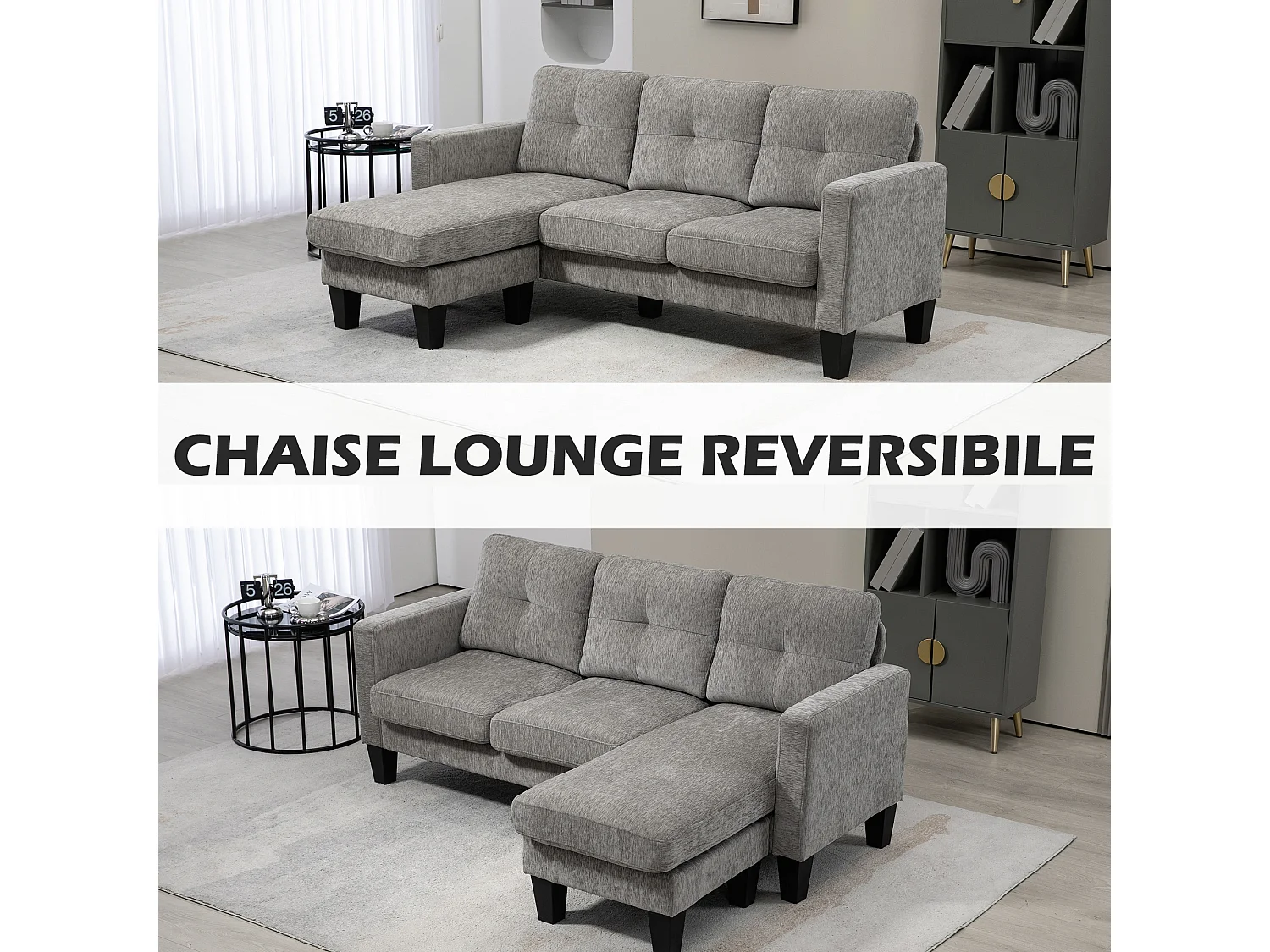 Divano angolare 3 posti tessuto effetto ciniglia con cuscini tortora