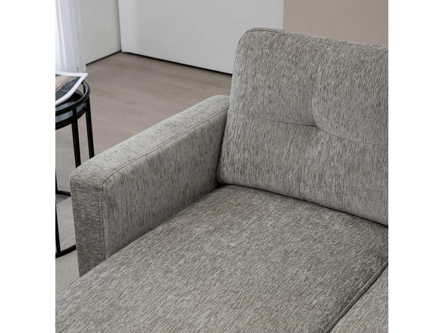 Divano angolare 3 posti tessuto effetto ciniglia con cuscini tortora