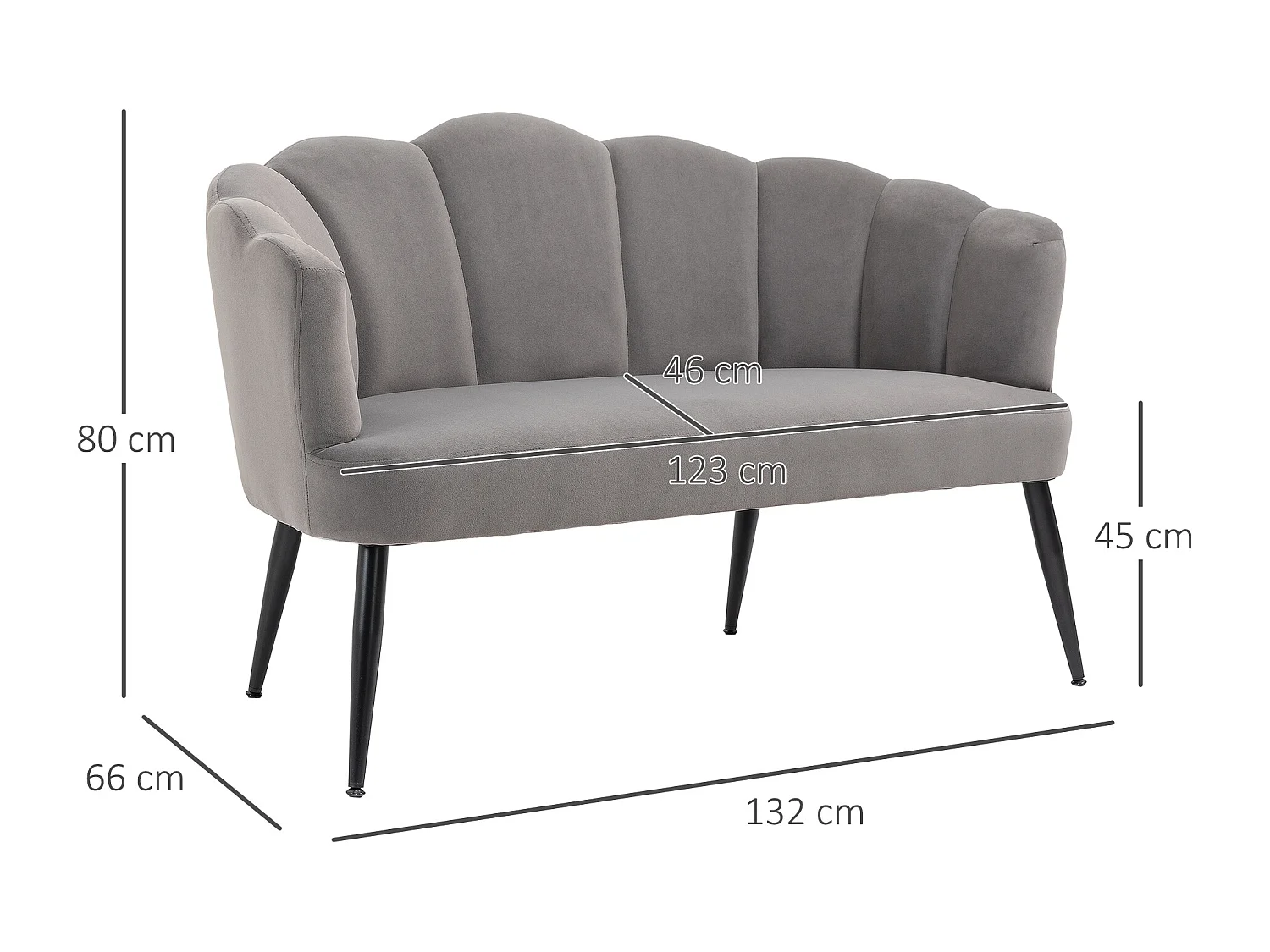 Divano 2 posti in velluto con schienale a conchiglia grigio