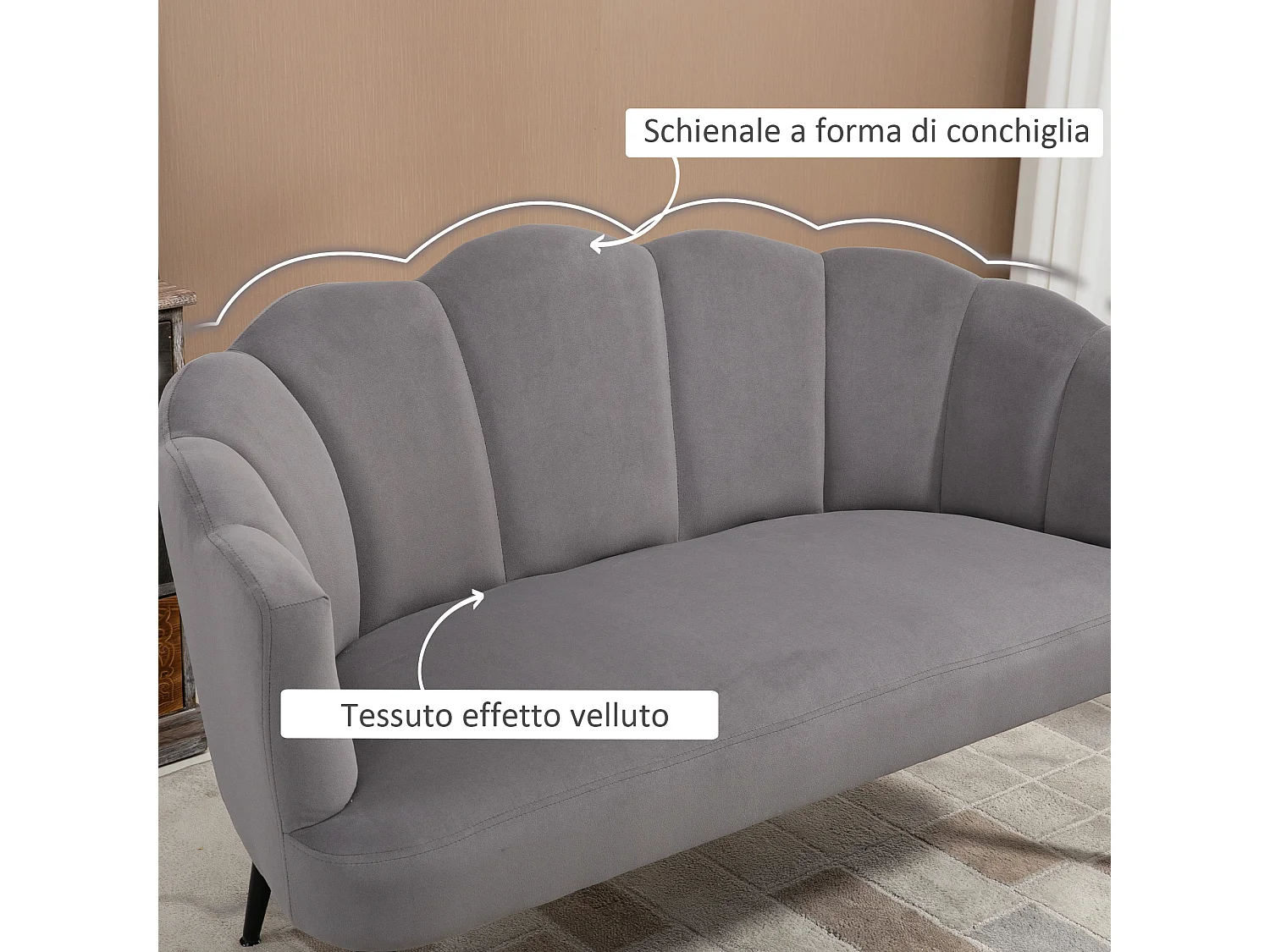Divano 2 posti in velluto con schienale a conchiglia grigio