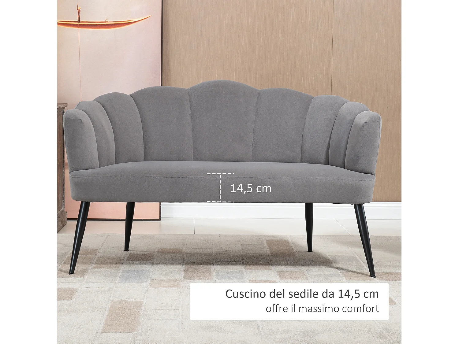 Divano 2 posti in velluto con schienale a conchiglia grigio