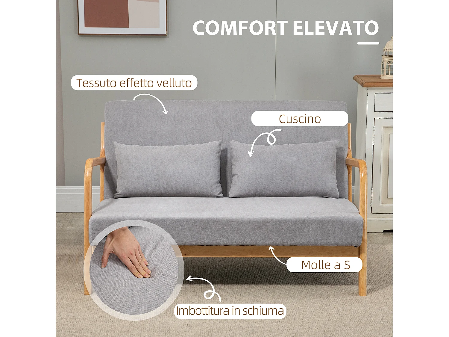 Divano 2 posti moderno con cuscini e seduta imbottita grigio