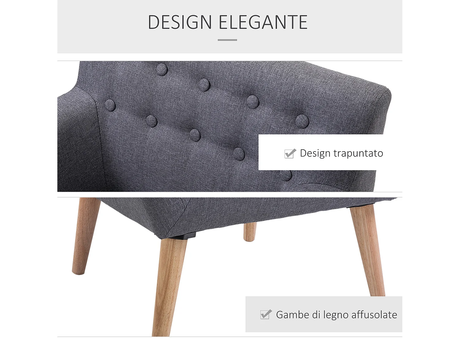 Poltroncina moderna con braccioli tessuto legno grigio chiaro