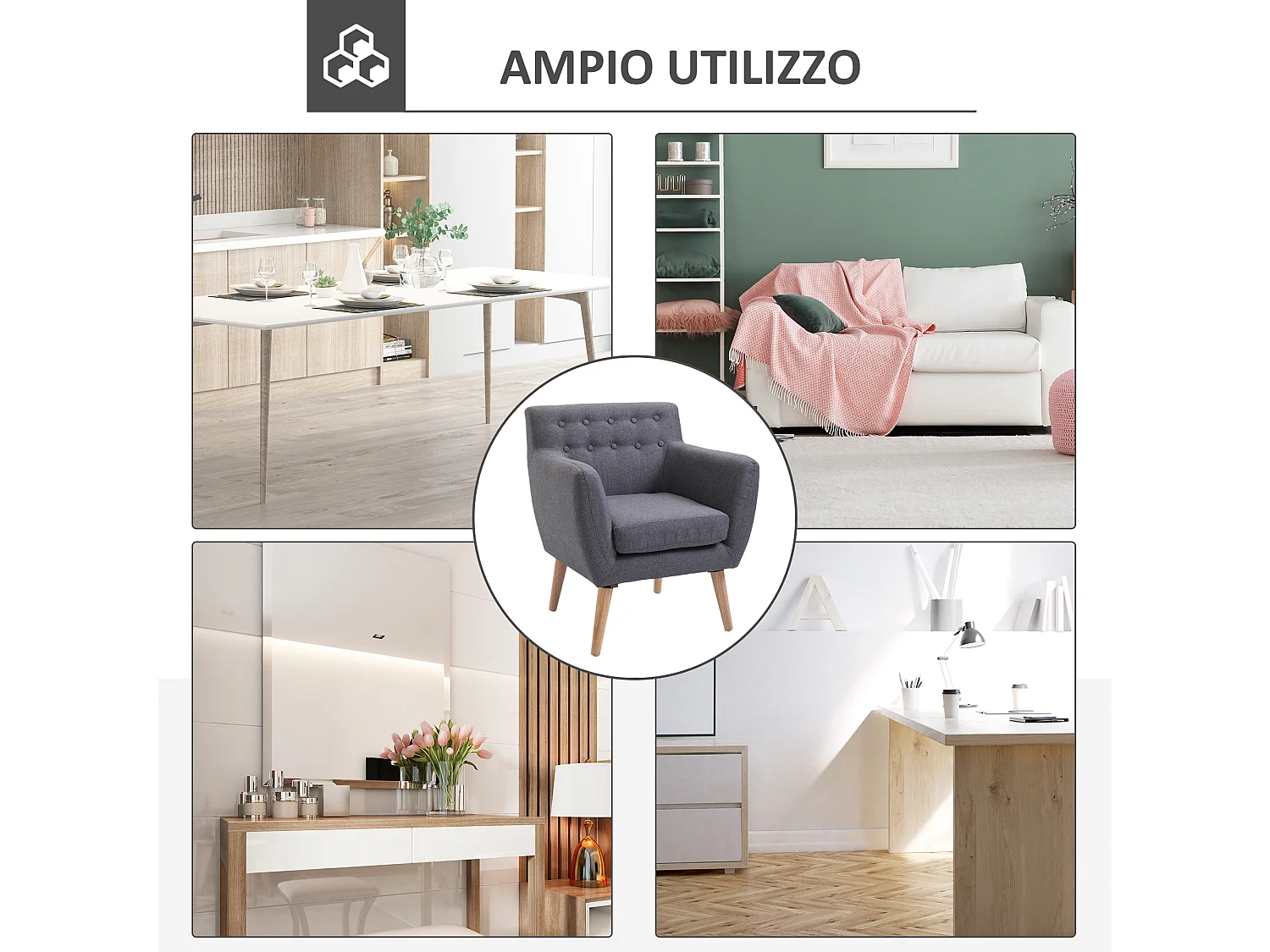 Poltroncina moderna con braccioli tessuto legno grigio chiaro