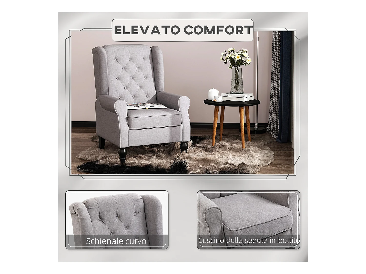 Poltrona grigia con ampia seduta e cuscini sfoderabili grigio