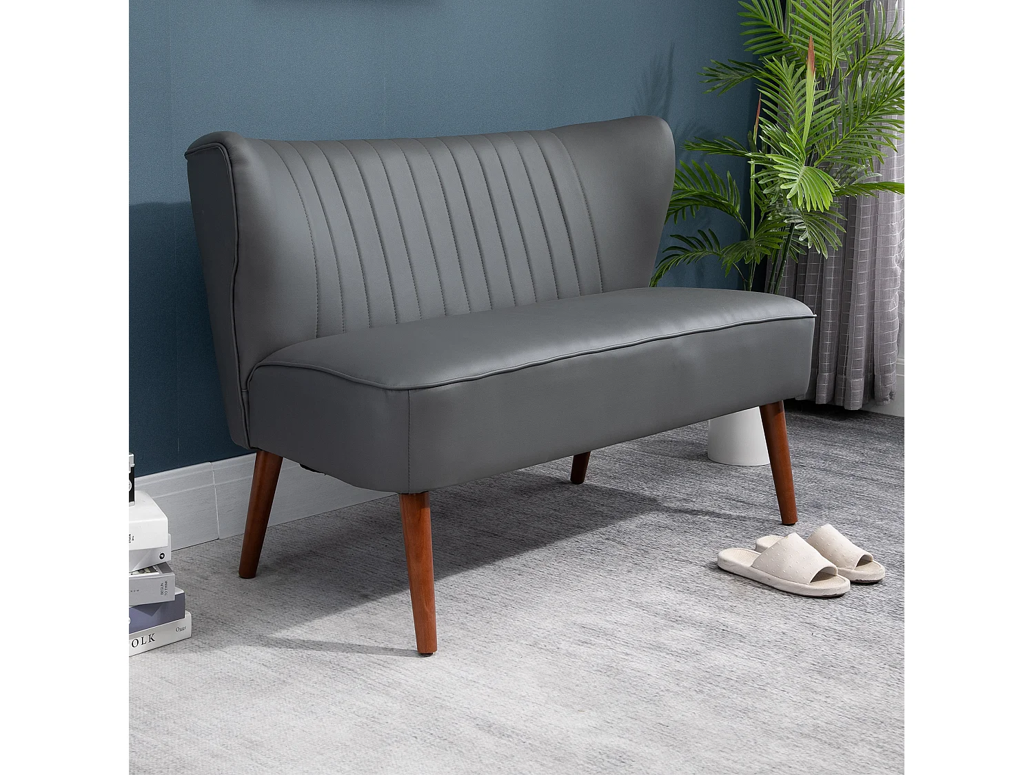 Divano a 2 posti telaio in legno e rivestimento in pelle grigia