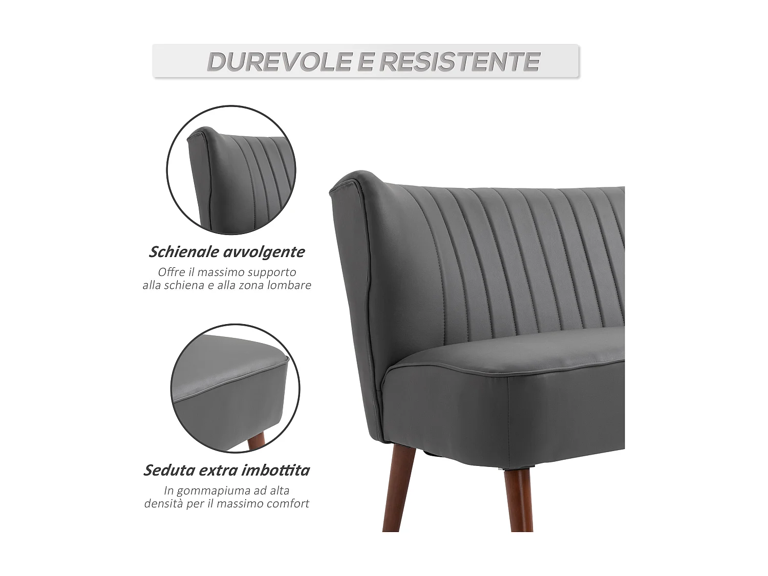 Divano a 2 posti telaio in legno e rivestimento in pelle grigia