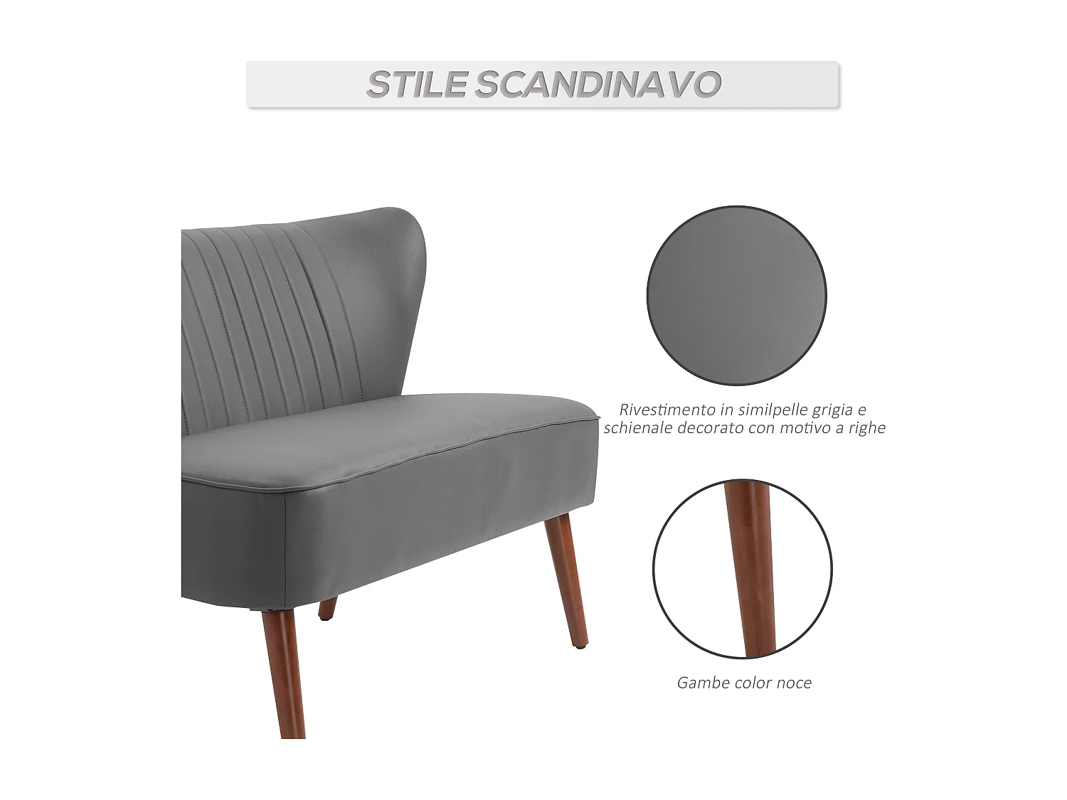 Divano a 2 posti telaio in legno e rivestimento in pelle grigia