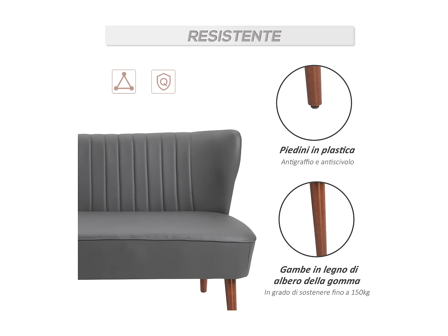 Divano a 2 posti telaio in legno e rivestimento in pelle grigia