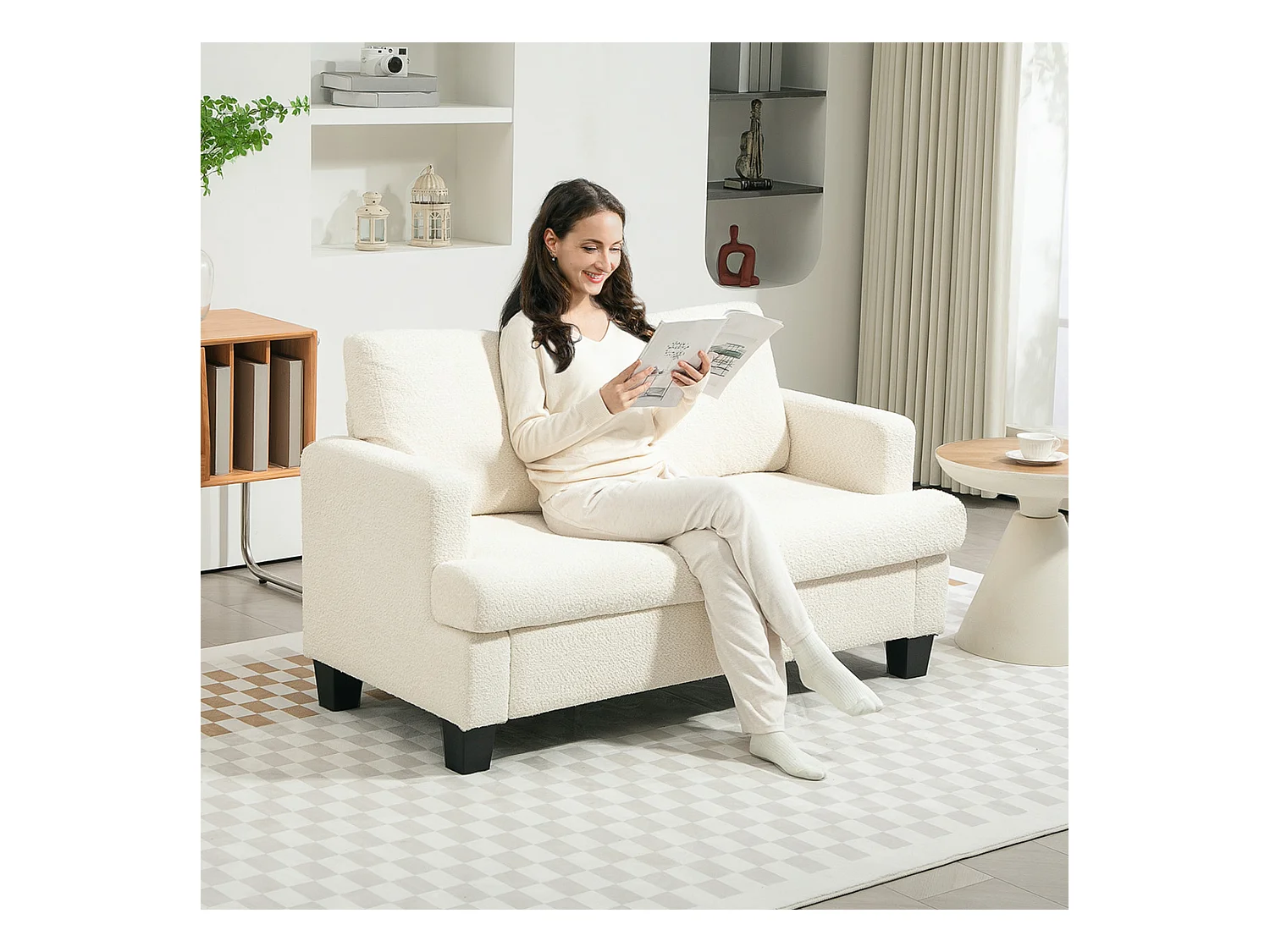 Divano 2 posti moderno con cuscini rimovibili in ciniglia crema