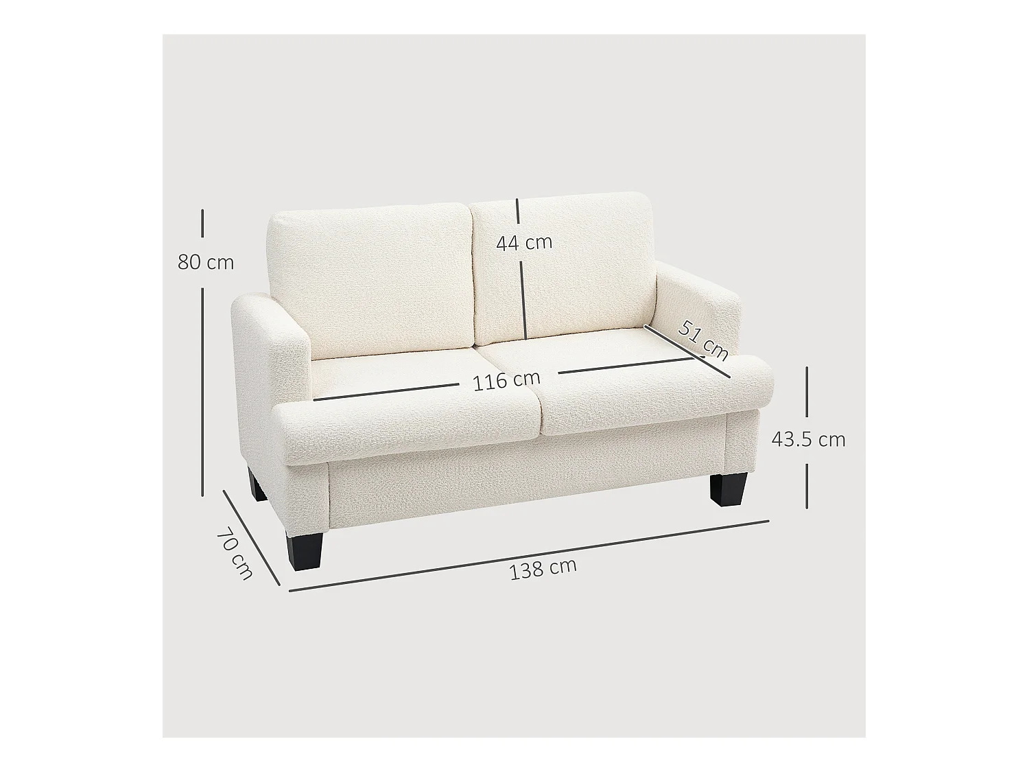 Divano 2 posti moderno con cuscini rimovibili in ciniglia crema