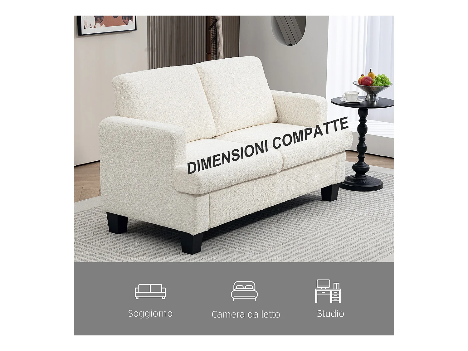 Divano 2 posti moderno con cuscini rimovibili in ciniglia crema