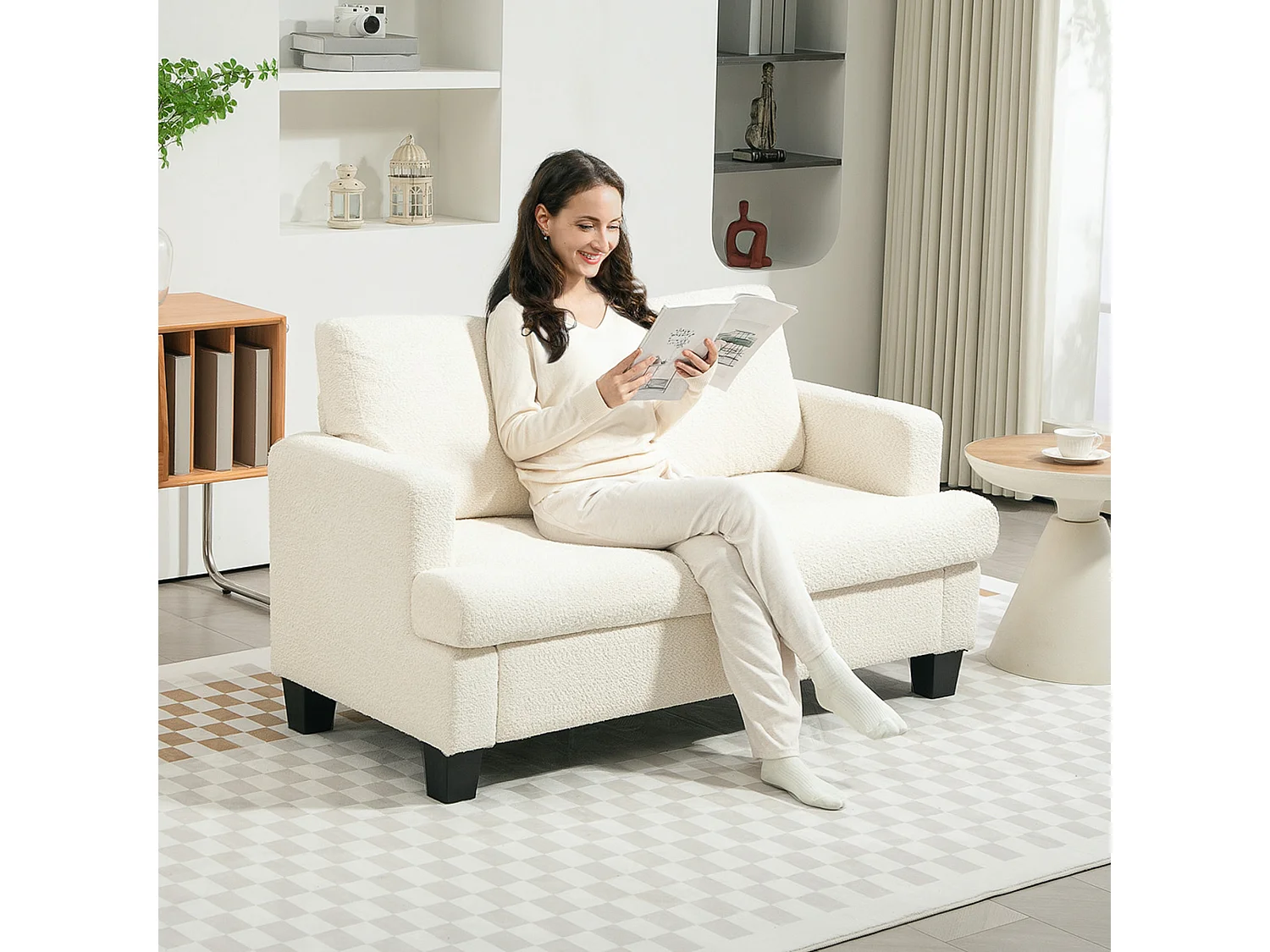 Divano 2 posti moderno con cuscini rimovibili in ciniglia crema