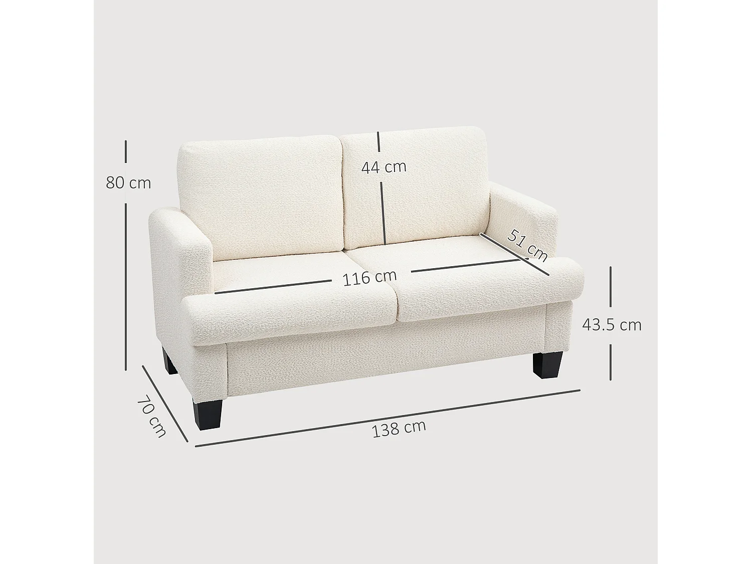 Divano 2 posti moderno con cuscini rimovibili in ciniglia crema