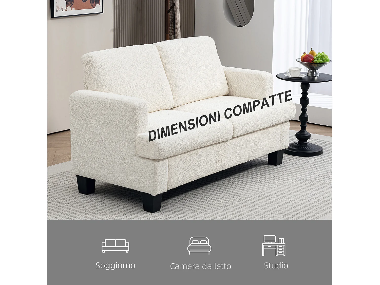 Divano 2 posti moderno con cuscini rimovibili in ciniglia crema