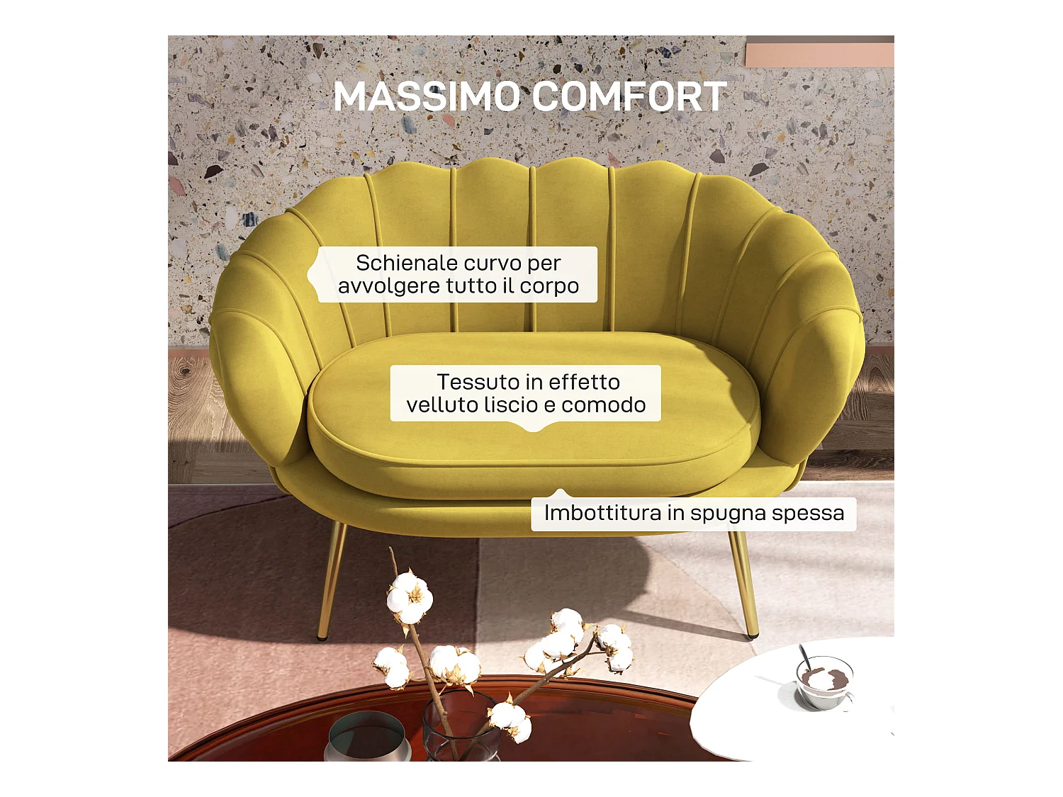 Divano vintage 2 posti stile industrial chic effetto velluto giallo