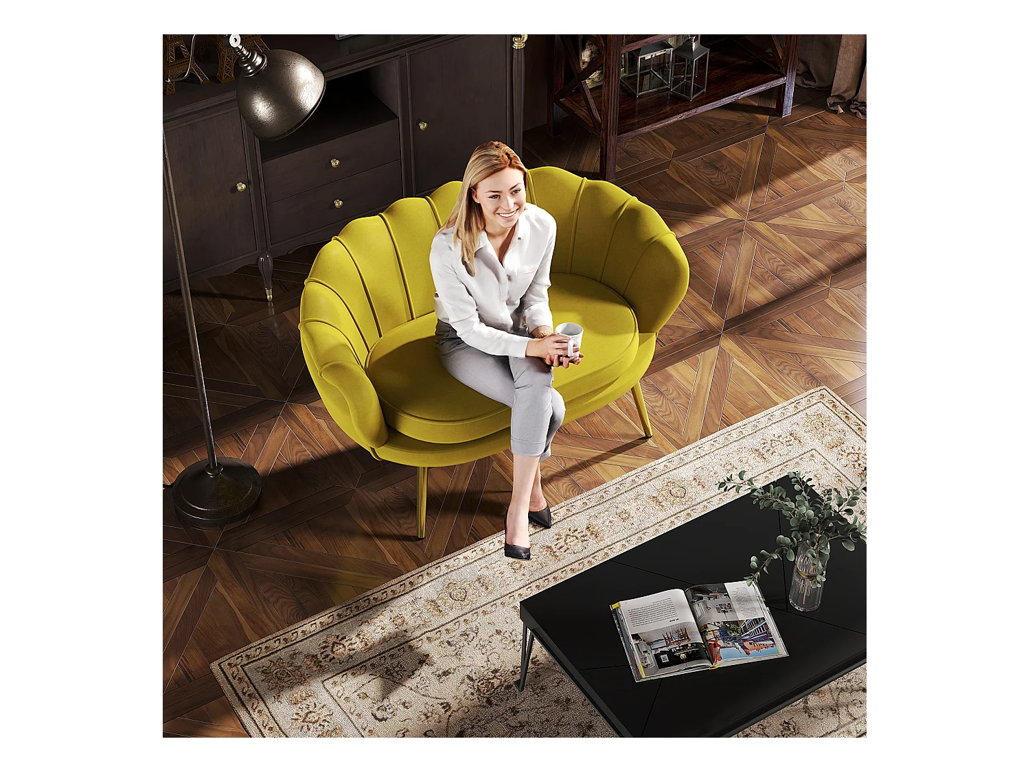 Divano vintage 2 posti stile industrial chic effetto velluto giallo