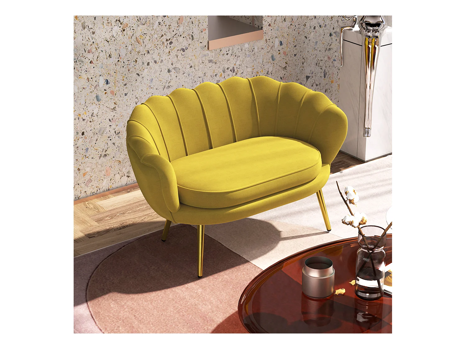 Divano vintage 2 posti stile industrial chic effetto velluto giallo