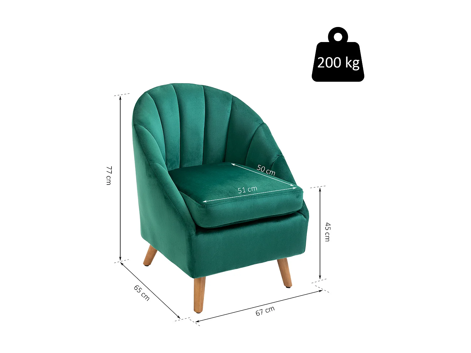 Poltrona da salotto in velluto verde con solida struttura in legno