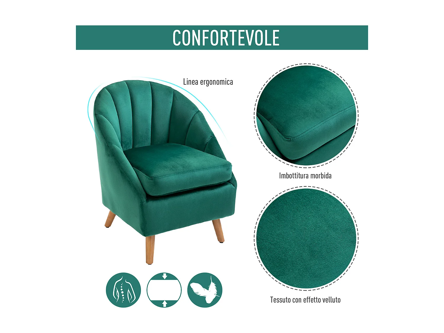 Poltrona da salotto in velluto verde con solida struttura in legno