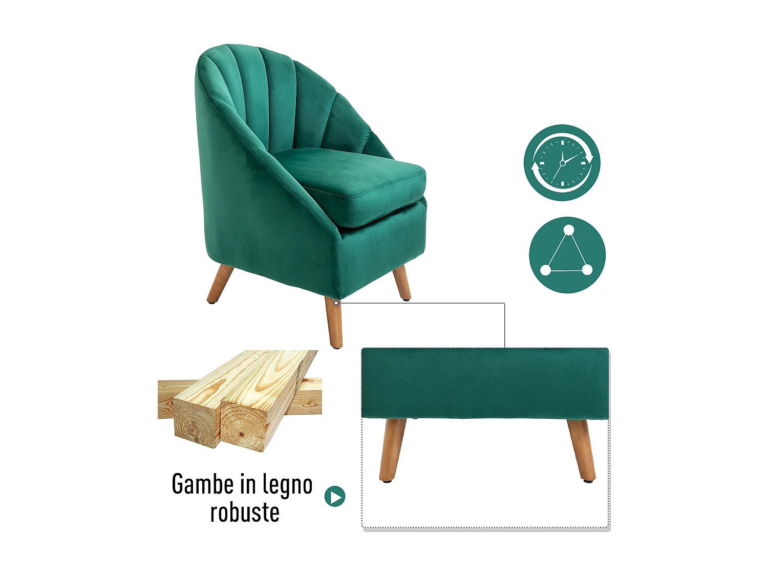 Poltrona da salotto in velluto verde con solida struttura in legno