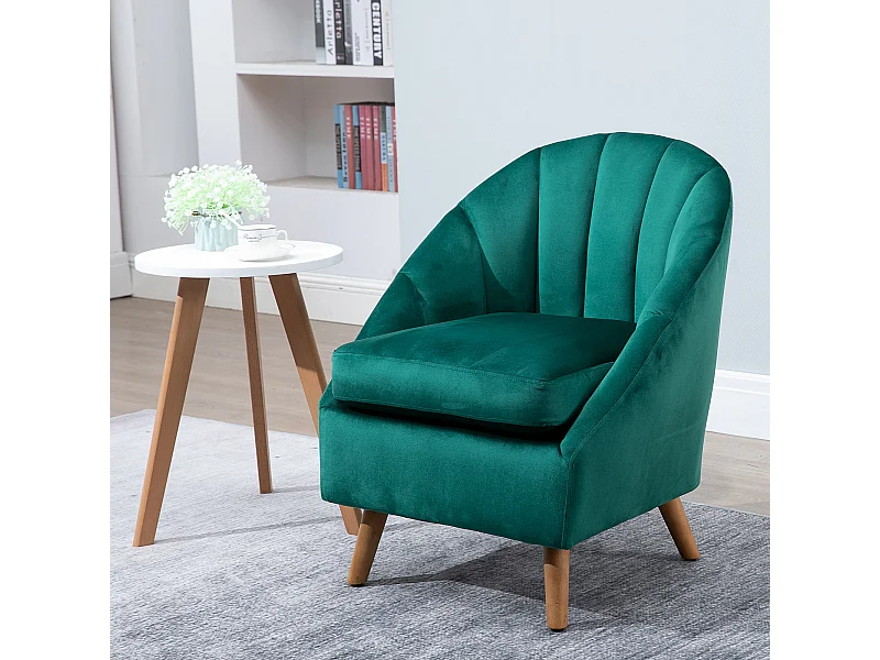 Poltrona da salotto in velluto verde con solida struttura in legno