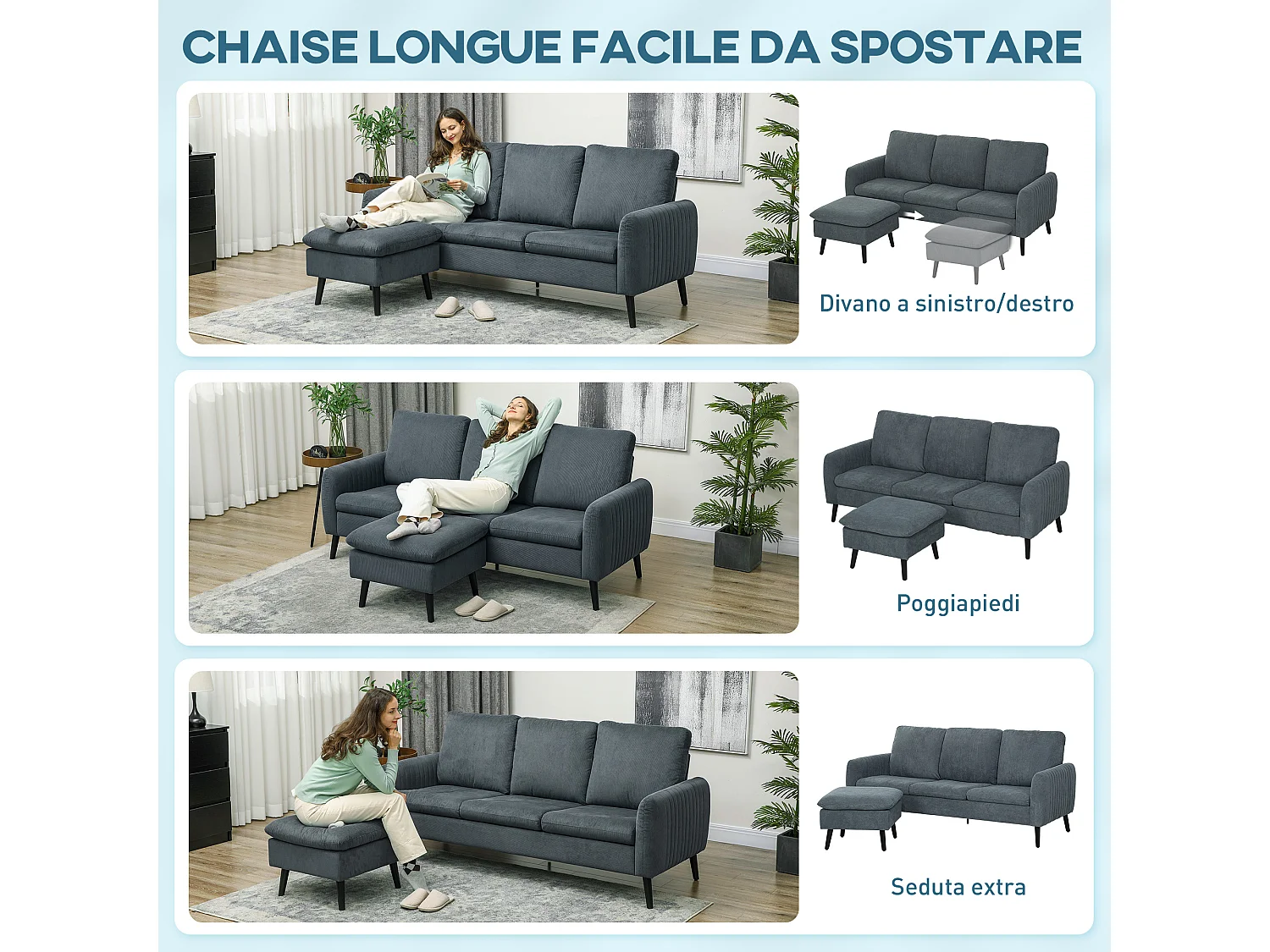Divano 3 posti angolare con chaise longue reversibile grigio carbone