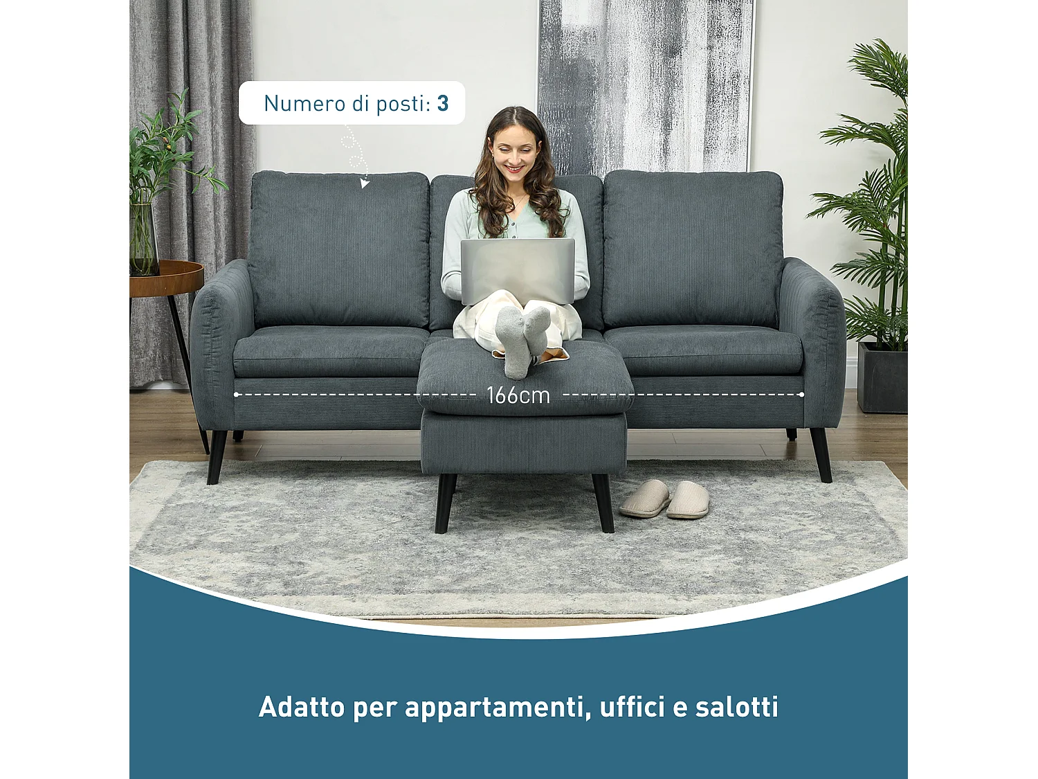 Divano 3 posti angolare con chaise longue reversibile grigio carbone