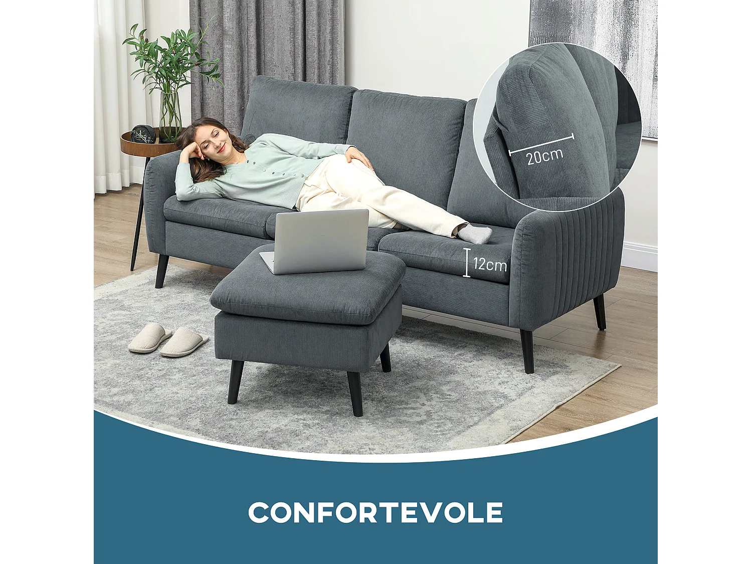 Divano 3 posti angolare con chaise longue reversibile grigio carbone