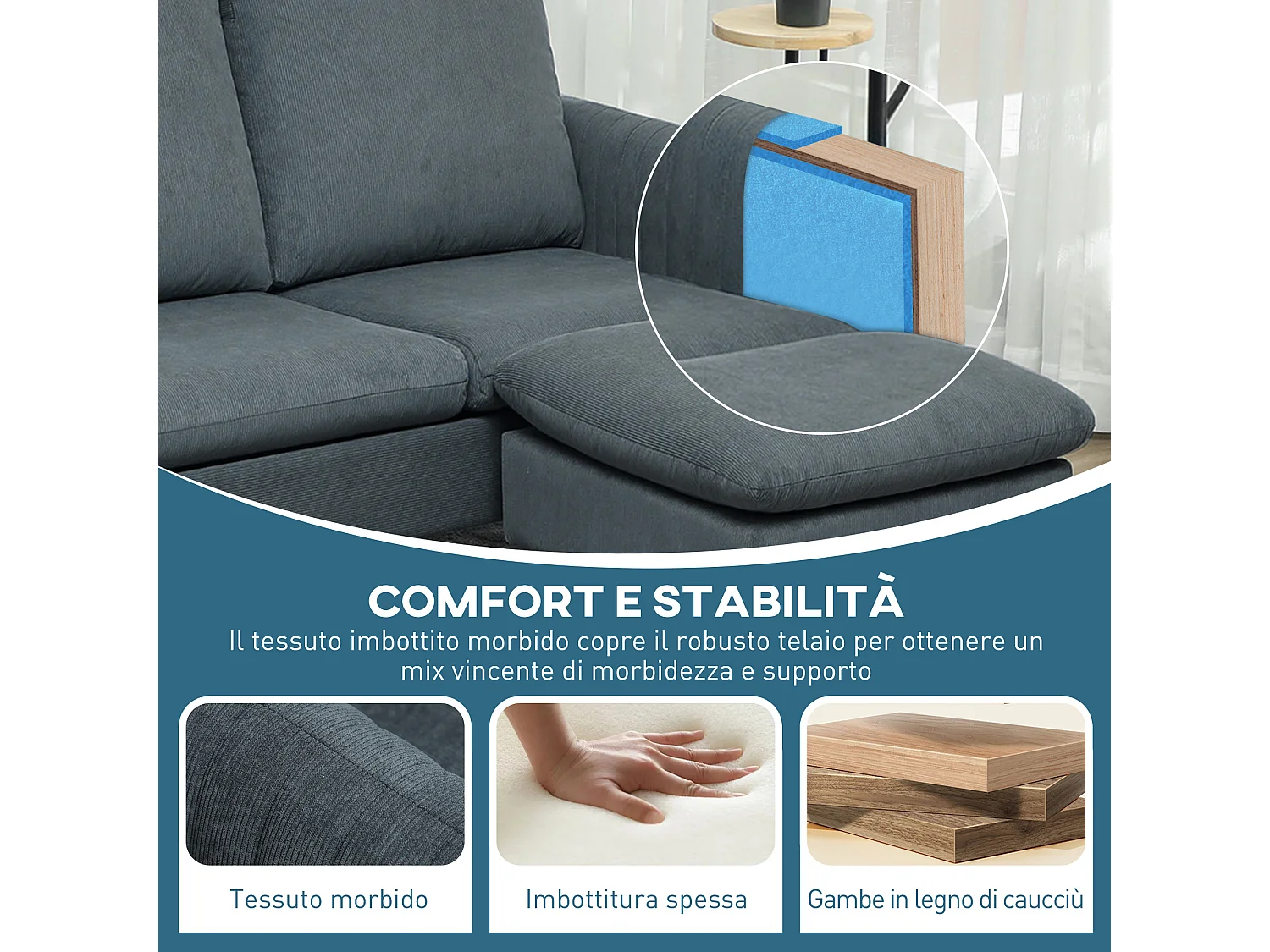 Divano 3 posti angolare con chaise longue reversibile grigio carbone