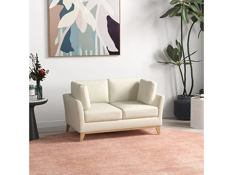 Divano da 2 posti in tessuto effetto lino e legno di eucalipto beige