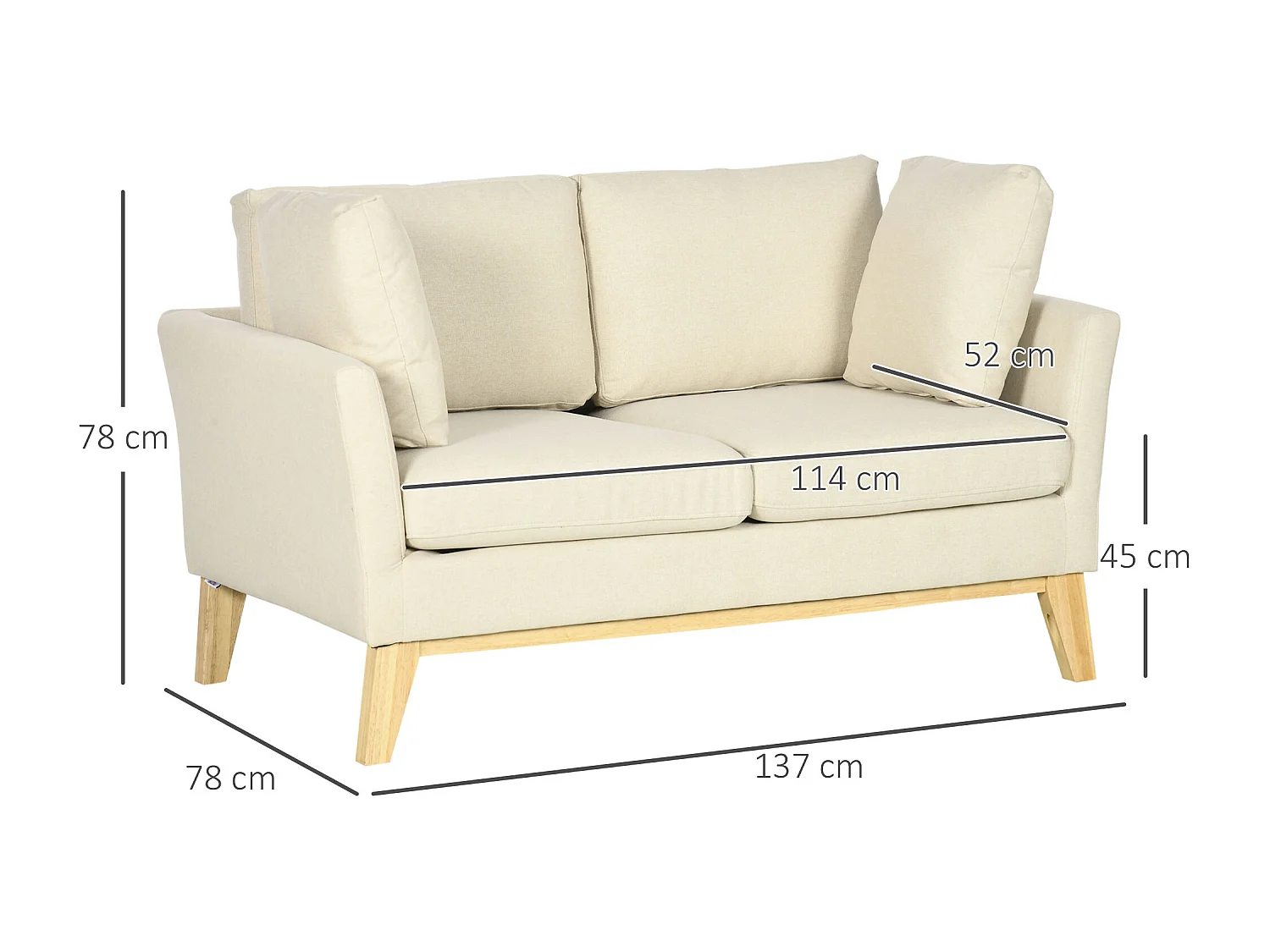 Divano da 2 posti in tessuto effetto lino e legno di eucalipto beige