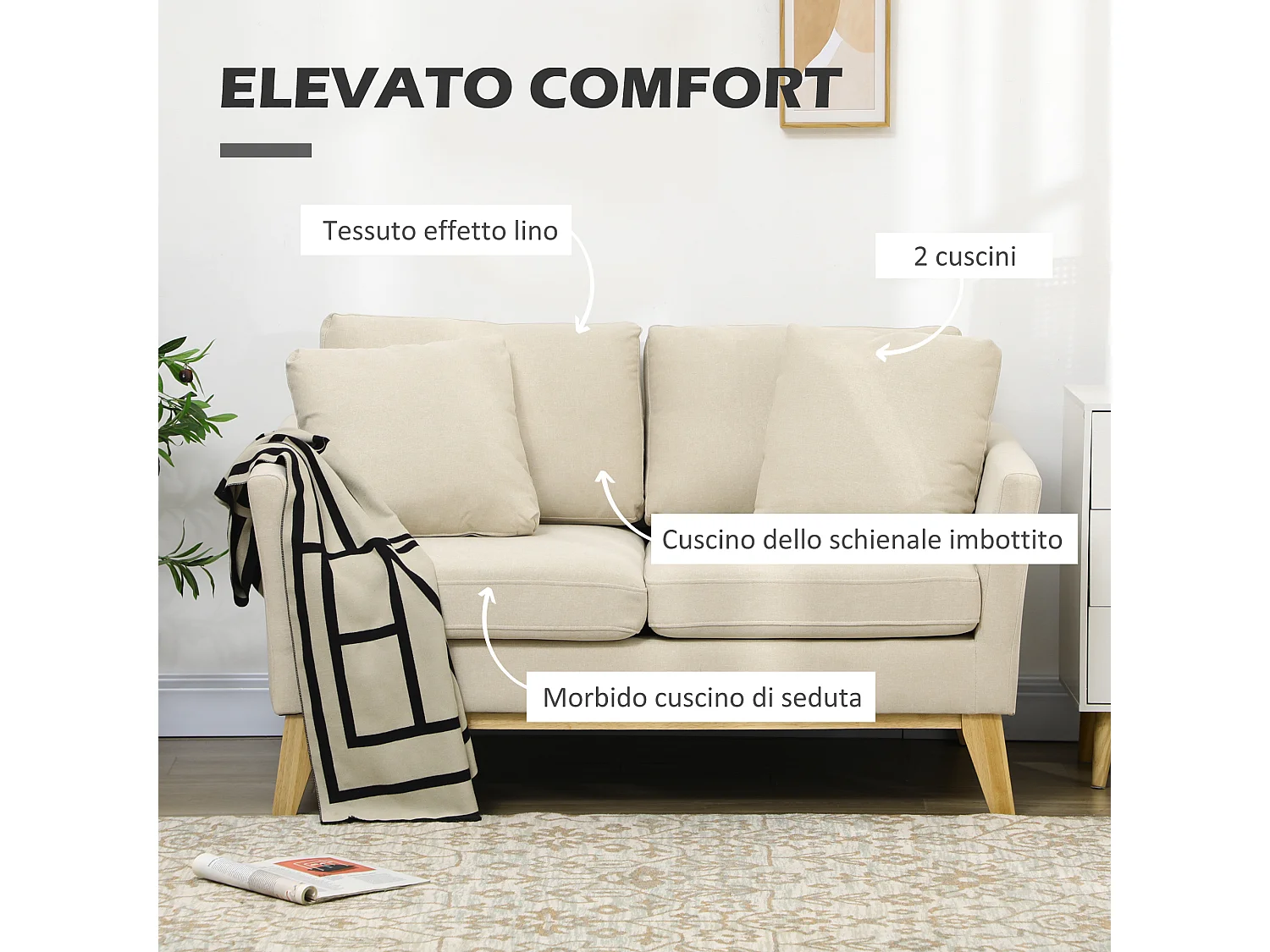 Divano da 2 posti in tessuto effetto lino e legno di eucalipto beige