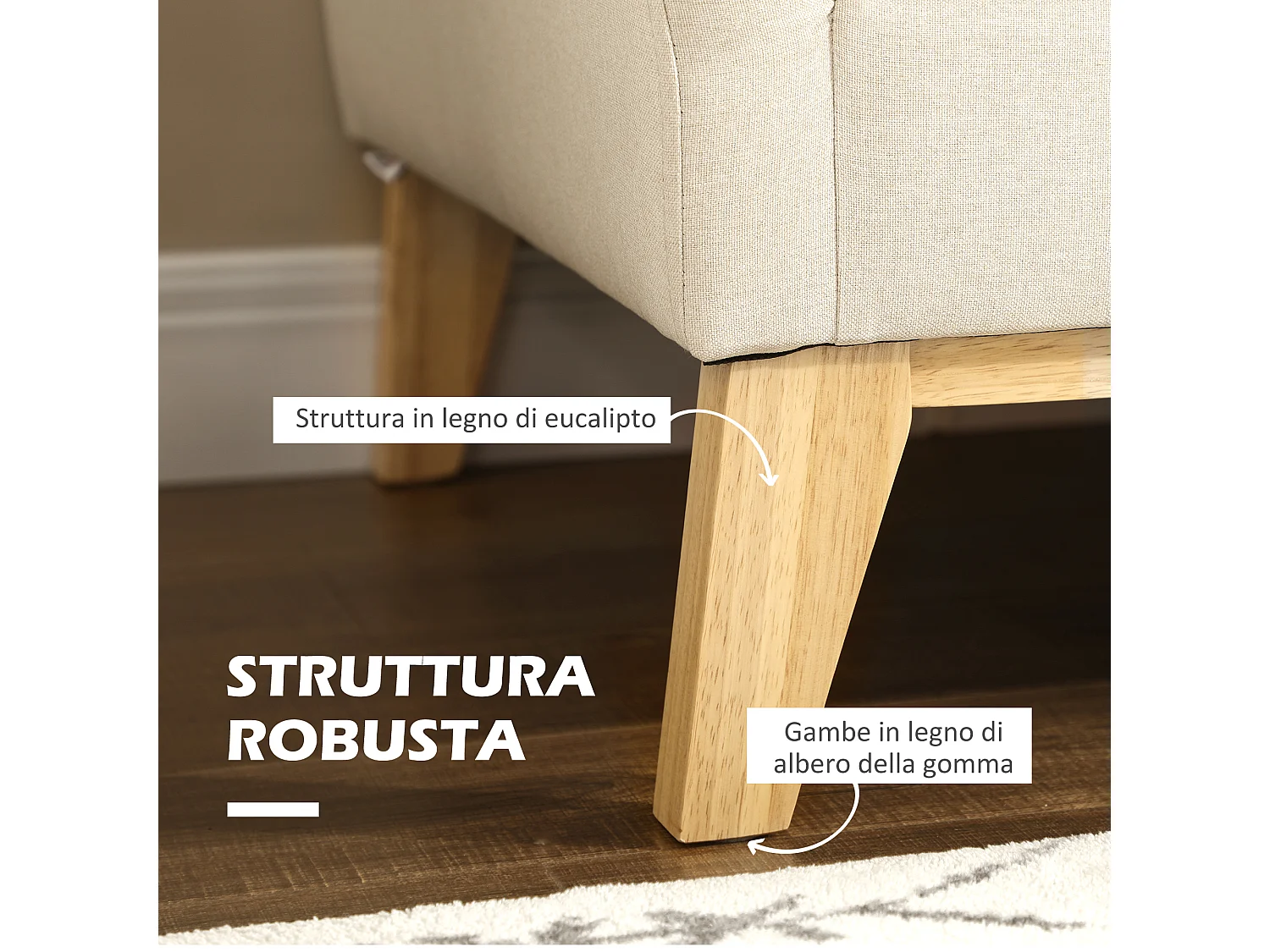 Divano da 2 posti in tessuto effetto lino e legno di eucalipto beige