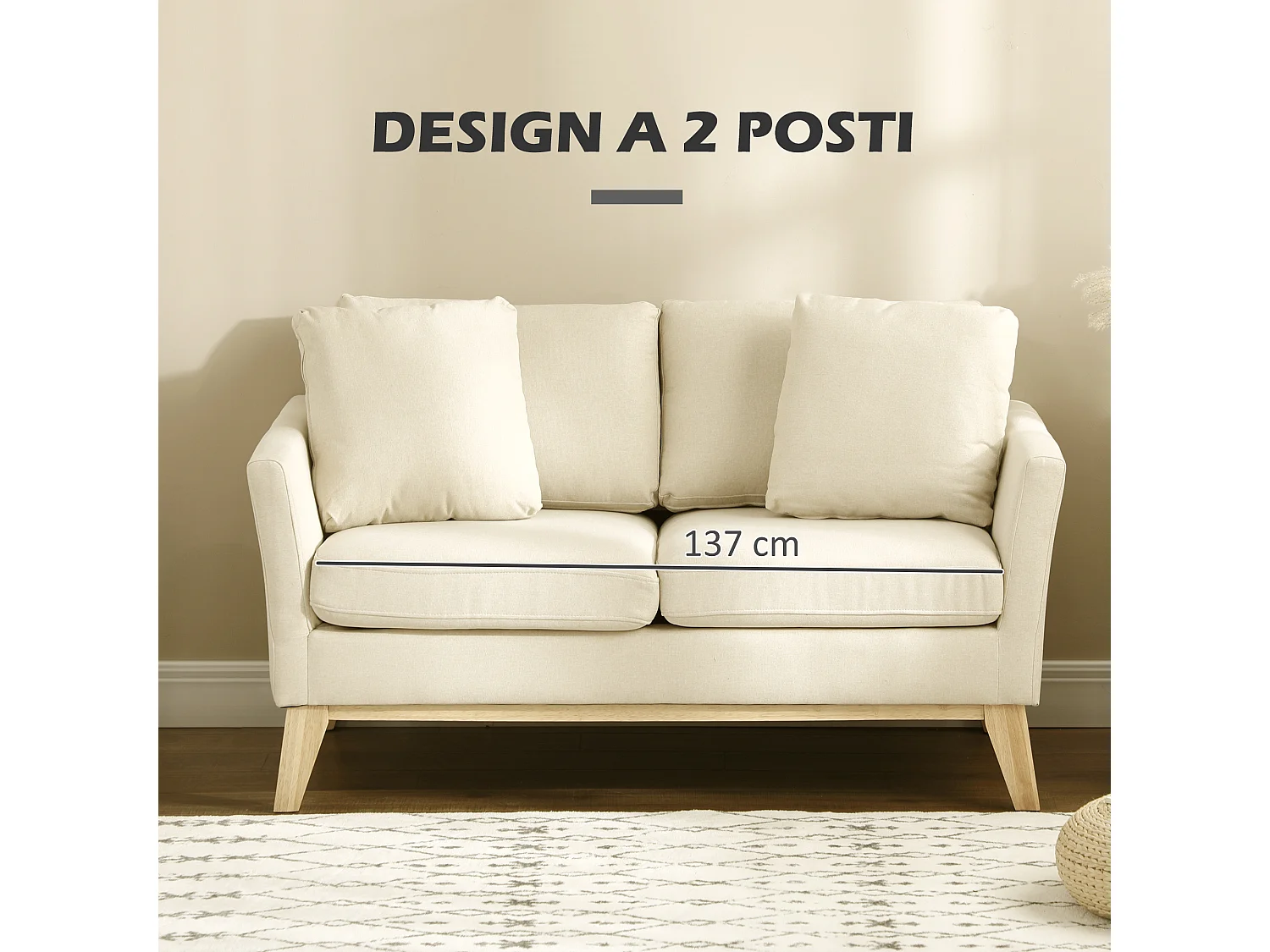 Divano da 2 posti in tessuto effetto lino e legno di eucalipto beige