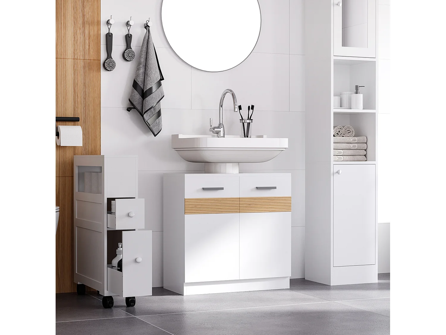 Mobile sotto lavabo bagno 60x30x60.5cm bianco e color legno