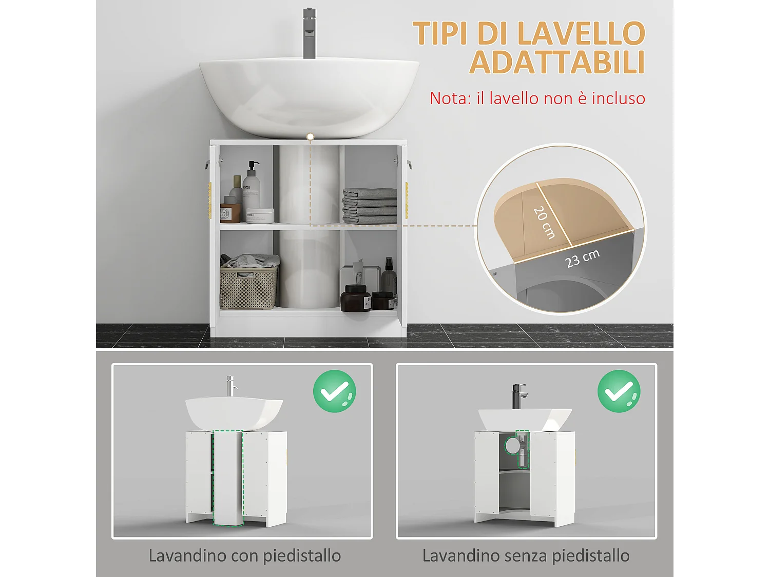 Mobile sotto lavabo bagno 60x30x60.5cm bianco e color legno