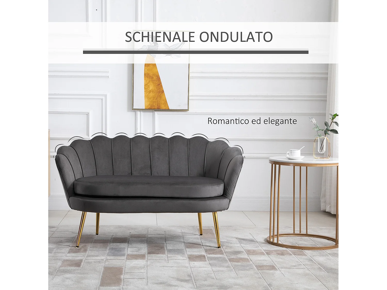 Divano 2 posti in velluto e gambe in metallo grigio