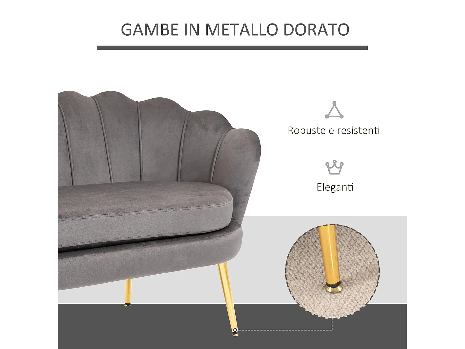 Divano 2 posti in velluto e gambe in metallo grigio