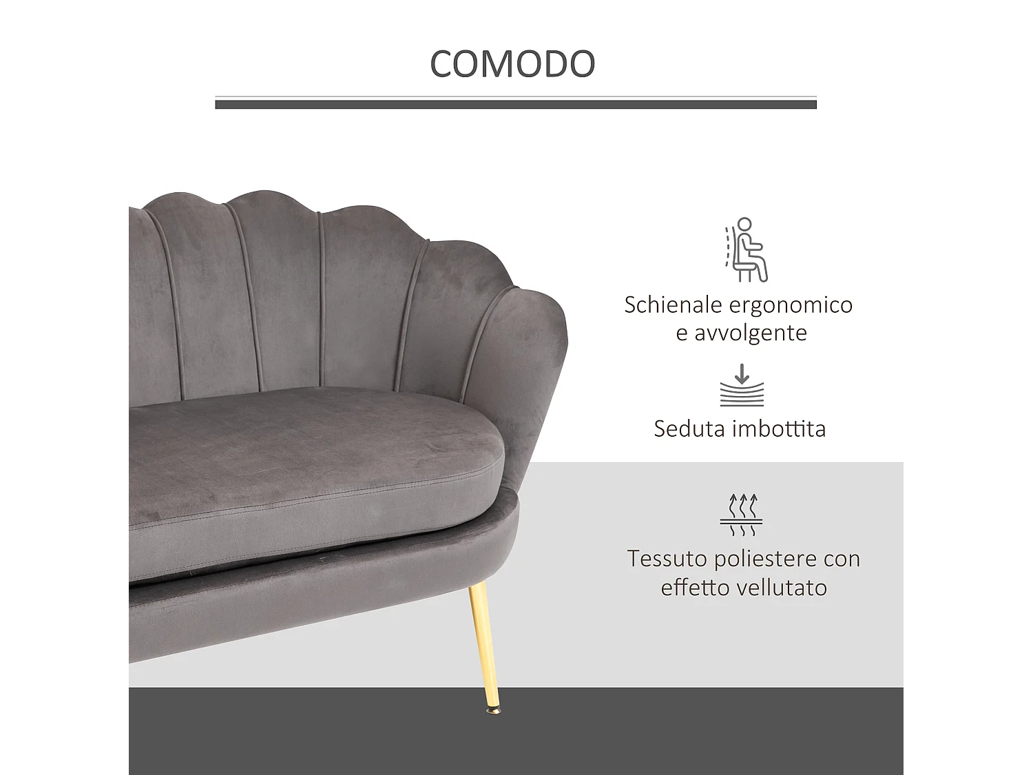 Divano 2 posti in velluto e gambe in metallo grigio