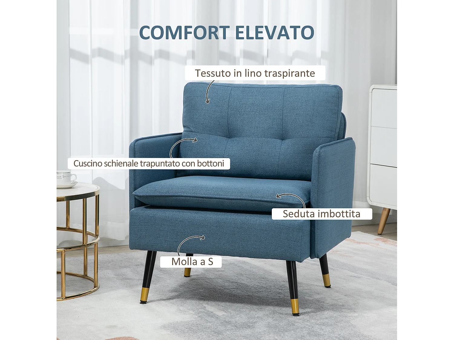 Poltrona per soggiorno e camera da letto con seduta imbottita